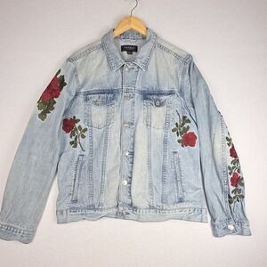 PACSUN Women's Denim Jean Jacket L Embroidered Red‎ Roses Sleeves Rockabilly Y2K